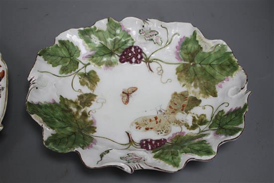 A Chelsea red anchor period vine leaf moulded dish, c.1755 and a Chelsea gold anchor bird and flower painted octagonal plate, c.1765, 2